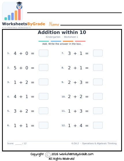 Addition within 10 — Kindergarten Worksheet 1 preview