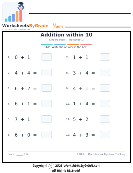Addition within 10 — Kindergarten Worksheet 2 preview