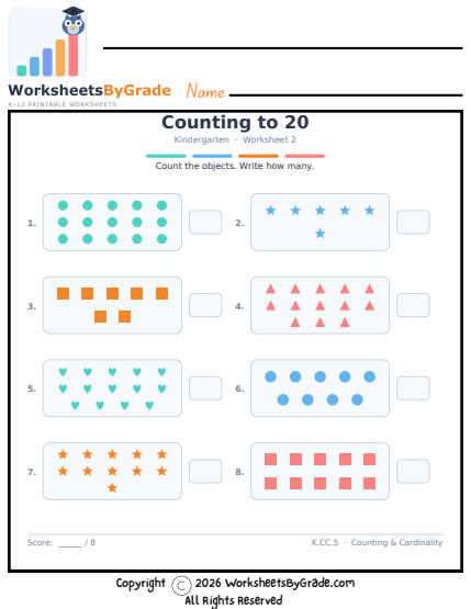 Counting to 20 — Kindergarten Worksheet 2 preview