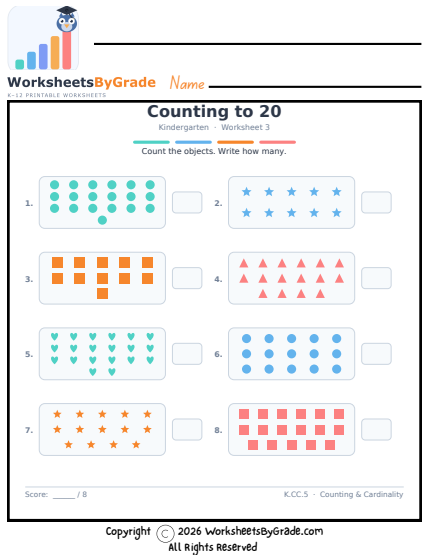 Counting to 20 — Kindergarten Worksheet 3 preview