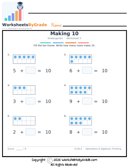 Making 10 — Kindergarten Worksheet 2 preview