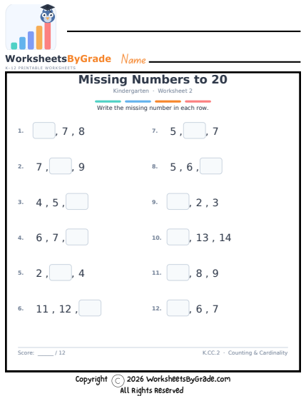 Missing Numbers to 20 — Kindergarten Worksheet 2 preview