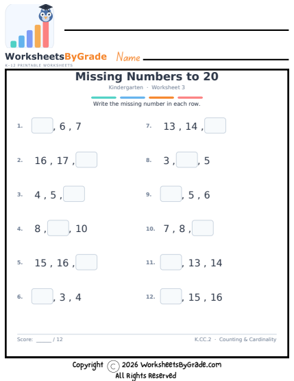 Missing Numbers to 20 — Kindergarten Worksheet 3 preview