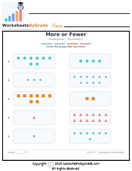More or Fewer — Kindergarten Worksheet 2 preview