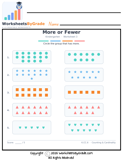 More or Fewer — Kindergarten Worksheet 3 preview