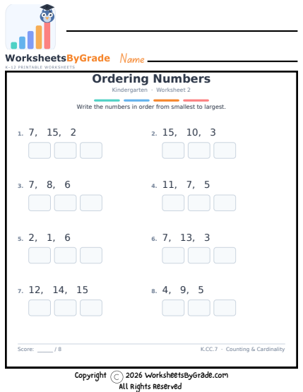 Ordering Numbers — Kindergarten Worksheet 2 preview