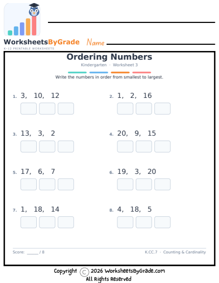 Ordering Numbers — Kindergarten Worksheet 3 preview