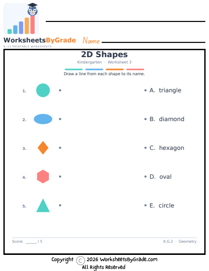 2D Shapes — Kindergarten Worksheet 3 preview