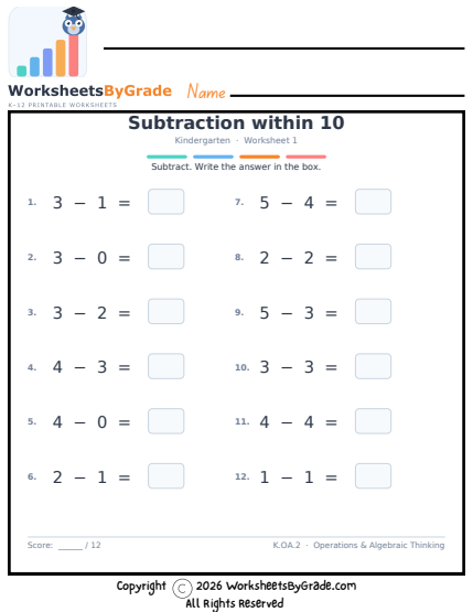 Subtraction within 10 preview