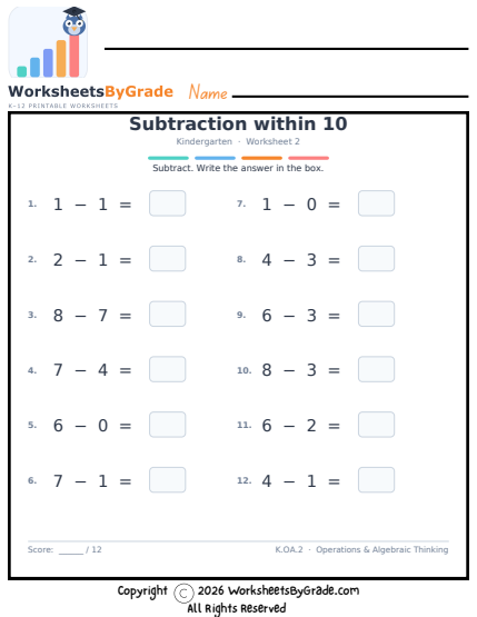 Subtraction within 10 — Kindergarten Worksheet 2 preview