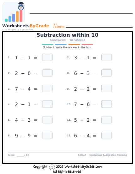 Subtraction within 10 — Kindergarten Worksheet 3 preview