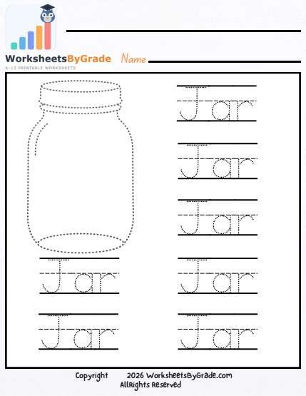 Letter Tracing: Jar — Pre-K Worksheet 1 preview