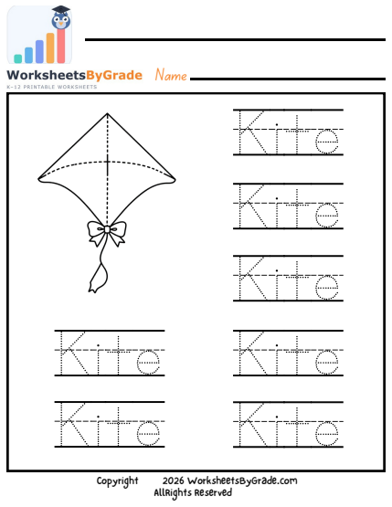Letter Tracing: Kite — Pre-K Worksheet 1 preview