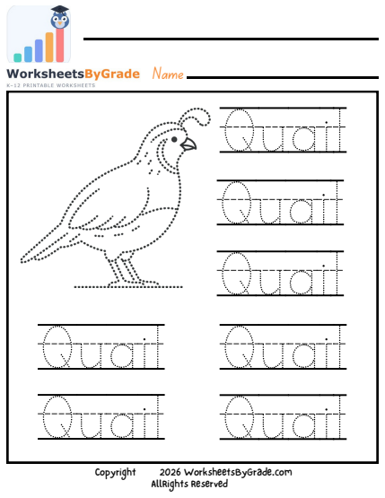 Letter Tracing: Quail — Pre-K Worksheet 1 preview