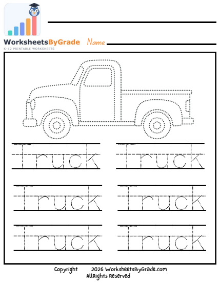 Letter Tracing: Truck — Pre-K Worksheet 1 preview