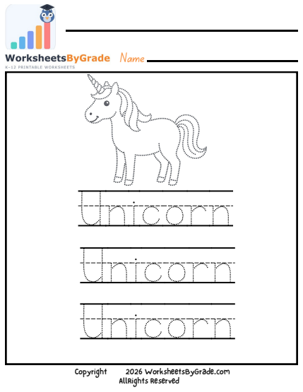 Letter Tracing: Unicorn — Pre-K Worksheet 1 preview