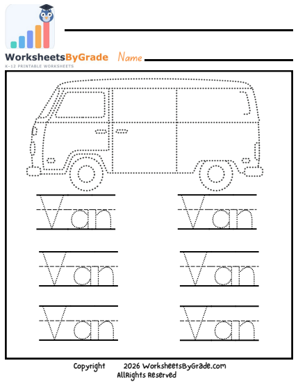 Letter Tracing: Van — Pre-K Worksheet 1 preview