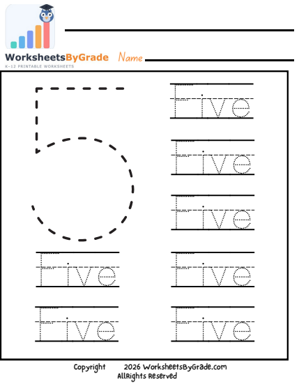 Number Tracing: Five — Pre-K Worksheet 1 preview