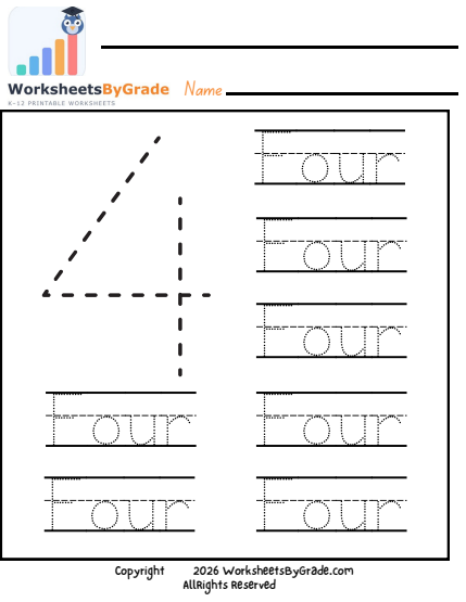 Number Tracing: Four — Pre-K Worksheet 1 preview