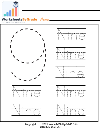 Number Tracing: Nine — Pre-K Worksheet 1 preview