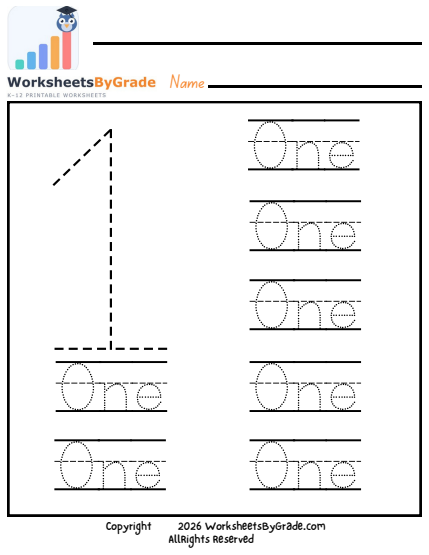 Number Tracing: One — Pre-K Worksheet 1 preview