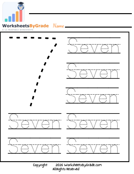 Number Tracing: Seven — Pre-K Worksheet 1 preview