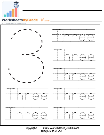 Number Tracing: Three — Pre-K Worksheet 1 preview
